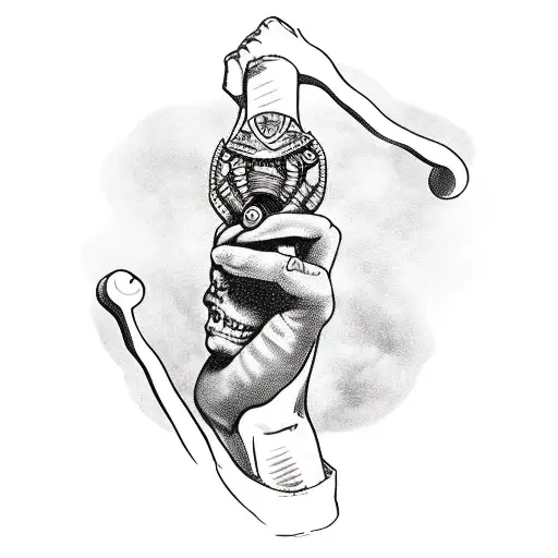 A hand holding a slingshot with a severed giant's head in the background tattoo design idea