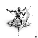 A surreal representation of David and Goliath's battle, with the slingshot and Goliath's head merging into a single striking image tattoo design idea