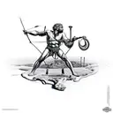 A surreal representation of David and Goliath's battle, with the slingshot and Goliath's head merging into a single striking image tattoo design idea