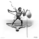 A surreal representation of David and Goliath's battle, with the slingshot and Goliath's head merging into a single striking image tattoo design idea