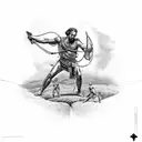 A surreal representation of David and Goliath's battle, with the slingshot and Goliath's head merging into a single striking image tattoo design idea