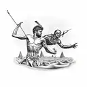 A surreal representation of David and Goliath's battle, with the slingshot and Goliath's head merging into a single striking image tattoo design idea