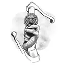 A hand holding a slingshot with a severed giant's head in the background tattoo design idea