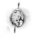 A hand holding a slingshot with a severed giant's head in the background tattoo design idea