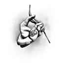 A hand holding a slingshot with a severed giant's head in the background tattoo design idea