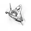 A hand holding a slingshot with a severed giant's head in the background tattoo design idea