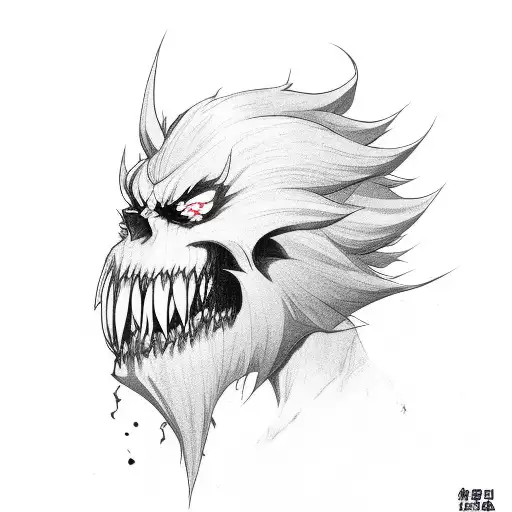 Beast word in black colour bold shape which is combined with the bleach anime hollow mask of ichi ichigo tattoo design idea