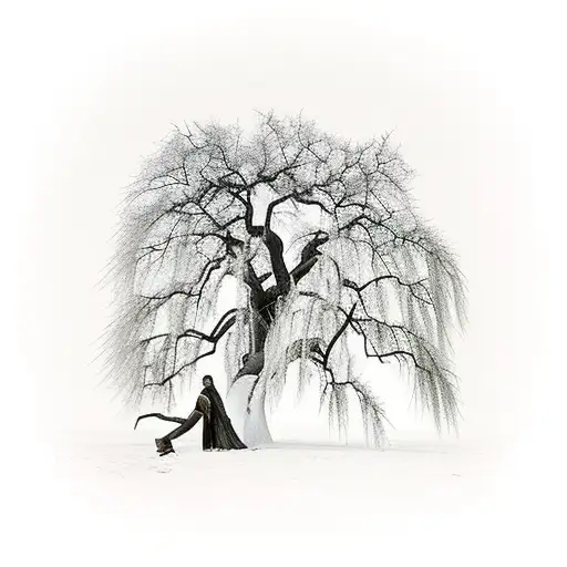weeping willow tree of life with a classic 72 Camaro with the hood poped and a guy leaned over it with tools around it tattoo design idea