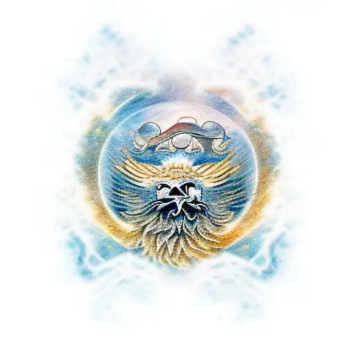 A lion and eagle diving into a sea of stars, representing the client's passion for exploring the unknown tattoo design idea