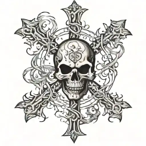 A cross made of intertwined dragon tails, with skulls and swords scattered around tattoo design idea