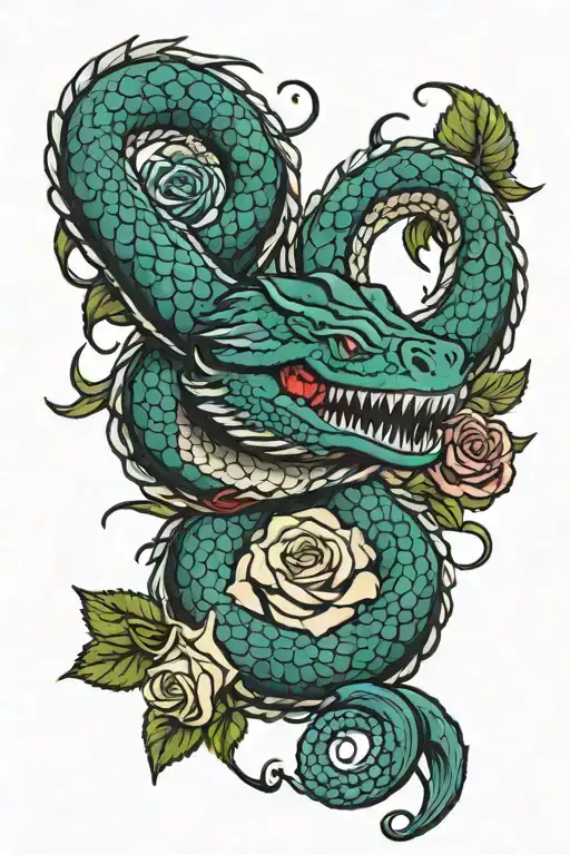 jormungandr and roses intertwined tattoo design idea
