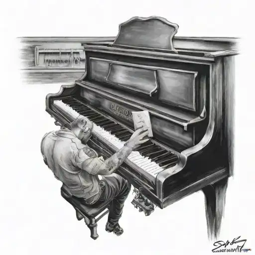 Create a realistic portrait of your brother playing the piano, with the badge number 966 subtly incorporated into the keys, blending your love for music and remembrance of his service as a cop tattoo design idea