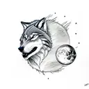 A wolf howling at the moon with car engine parts in the background tattoo design idea