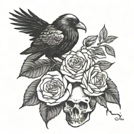 Raven sitting on skulls roses tattoo design idea