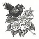 Raven sitting on skulls roses tattoo design idea