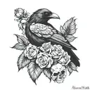 Raven sitting on skulls roses tattoo design idea