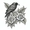 Raven sitting on skulls roses tattoo design idea