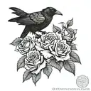 Raven sitting on skulls roses tattoo design idea