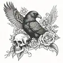 odins raven surrounded by skulls and roses wrapped tattoo design idea