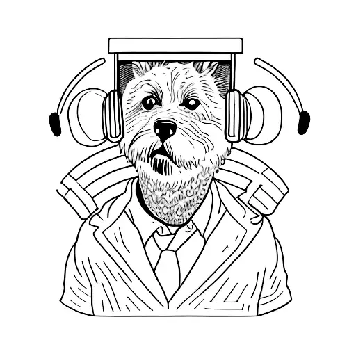 A Korgi wearing headphones and holding a movie clapperboard tattoo design idea