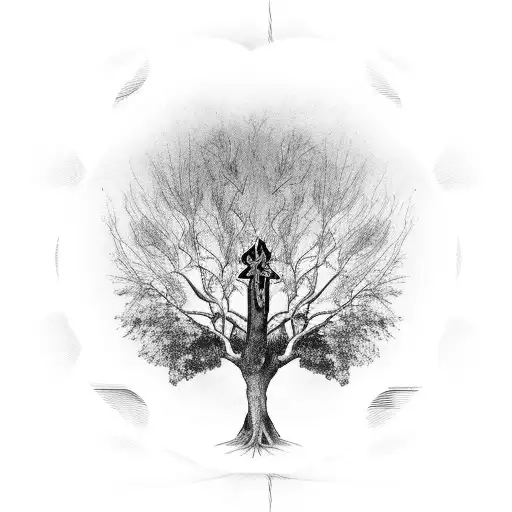 willow tree with cross in roots surrounded by ink circle tattoo design idea