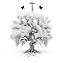 willow tree with cross in roots tattoo design idea
