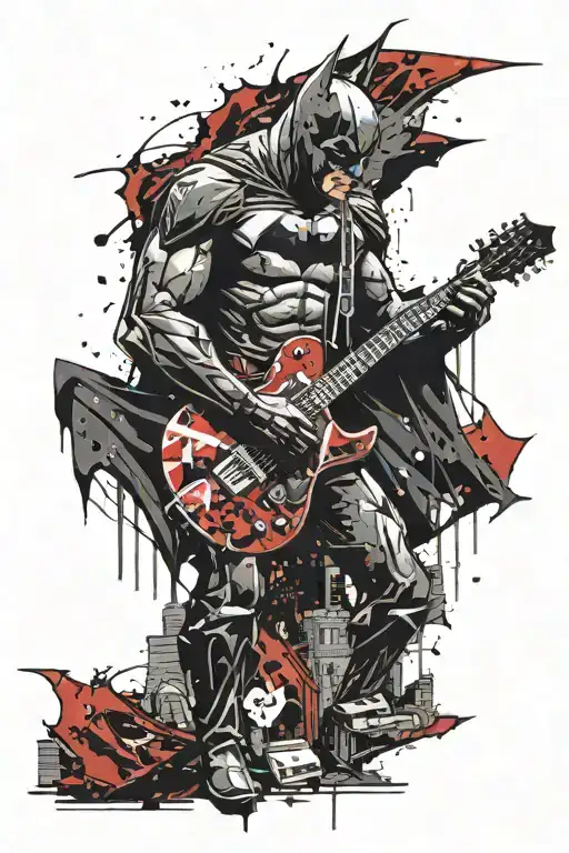 The figure of Batman playing a guitar, towering over Gotham in which chaos is happening tattoo design idea