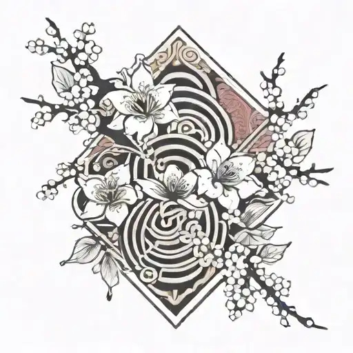 oriental style with cherry blossom mixed with geometric style tattoo design idea