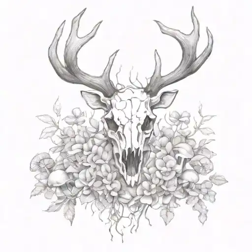 stag skull surrounded by mushrooms  tattoo design idea