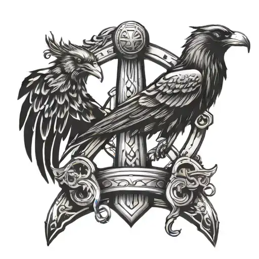 Combine gym equipment with symbols of strength from Norse mythology like Thor's hammer or Odin's ravens tattoo design idea