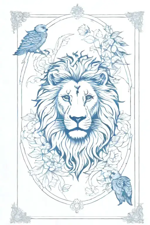 The card tarot with the lion on the centre. the card named "Strength". Add some plants around  tattoo design idea