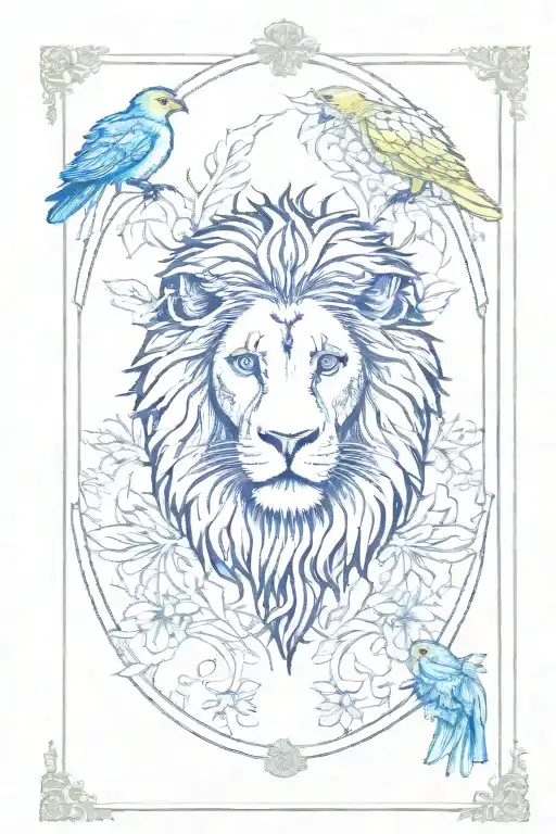 Birds, plants or any objects in the background. The card tarot with the lion on the centre. the card named "Strength". tattoo design idea