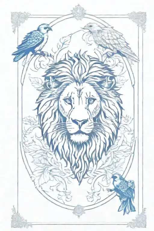 Birds, plants or any objects in the background. The card tarot with the lion on the centre. the card named "Strength". tattoo design idea