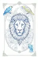 Birds, plants or any objects in the background. The card tarot with the lion on the centre. the card named "Strength". tattoo design idea