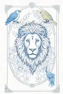 Birds, plants or any objects in the background. The card tarot with the lion on the centre. the card named "Strength". tattoo design idea