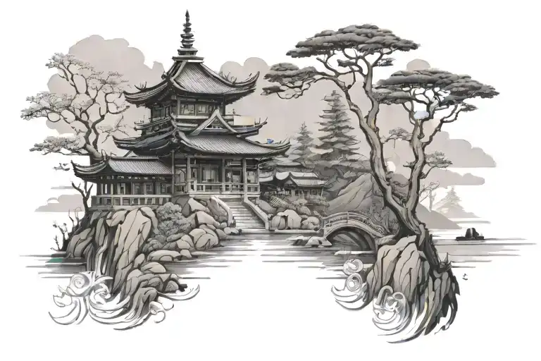 Long, Japanese temple, surrounded by the sea tattoo design idea