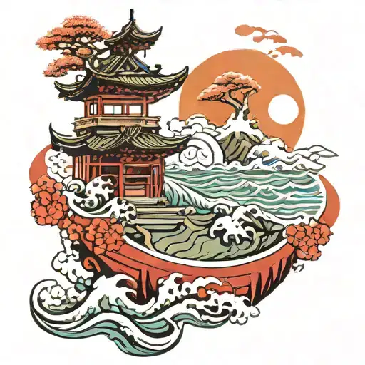 Japanese sea, along with a Japanese temple The temple tattoo design idea