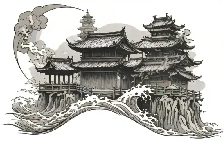 Japanese sea, along with a Japanese temple The temple tattoo design idea