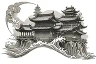 Japanese sea, along with a Japanese temple The temple tattoo design idea