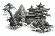 Japanese sea, along with a Japanese temple The temple tattoo design idea