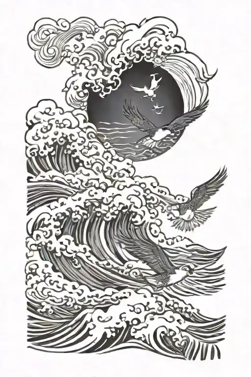 traditional Hawaiian iwa birds flying over rough waves with Philippians 4:13 under the waves tattoo design idea