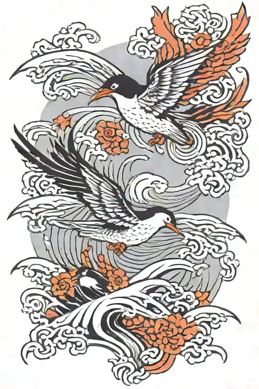 iwa birds flying over but right bye Japanese style waves that are over the scripture Philippians 4:13 tattoo design idea