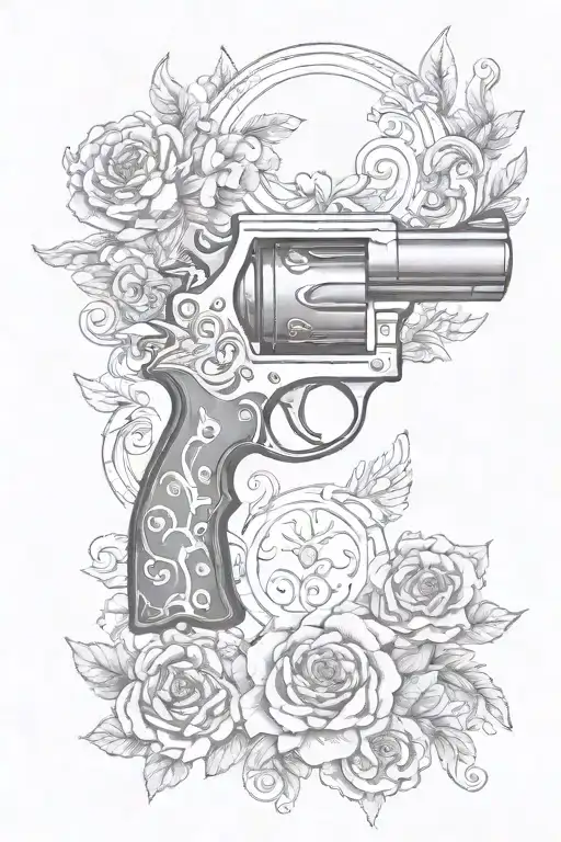 a feminine Design of the original colt gun from the television show supernatural. with florals and an antipossesion logo tattoo design idea