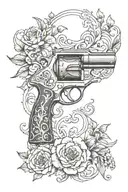 a feminine Design of the original colt gun from the television show supernatural. with florals and an antipossesion logo tattoo design idea