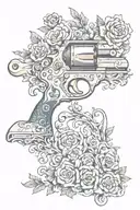 a feminine Design of the original colt gun from the television show supernatural. with florals and an antipossesion logo tattoo design idea