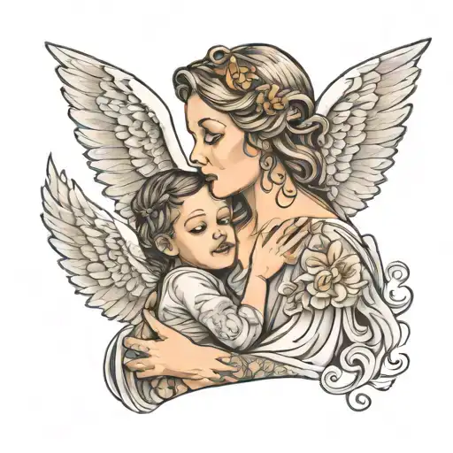 angelic mother holding her daughter with down  syndrome tattoo design idea