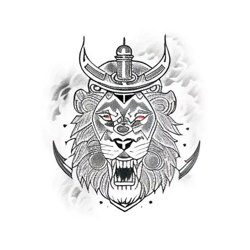 A fierce ninja warrior with a lion's head, wearing traditional Japanese samurai armor tattoo design idea