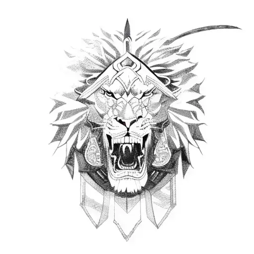 A fierce ninja warrior with a lion's head, wearing traditional Japanese samurai armor tattoo design idea
