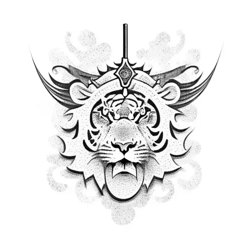 A Japanese samurai with the head of a lion or tiger, holding a katana and surrounded by cherry blossoms tattoo design idea