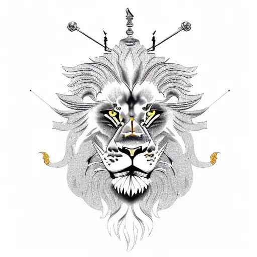 A lion-headed samurai with a contorted angry expression, standing on a pile of defeated enemies tattoo design idea